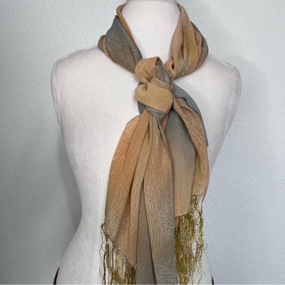 Tan Blue Gold Watermark Sheer Scarf with Gold Tassels Fringe - Picture 2 of 12
